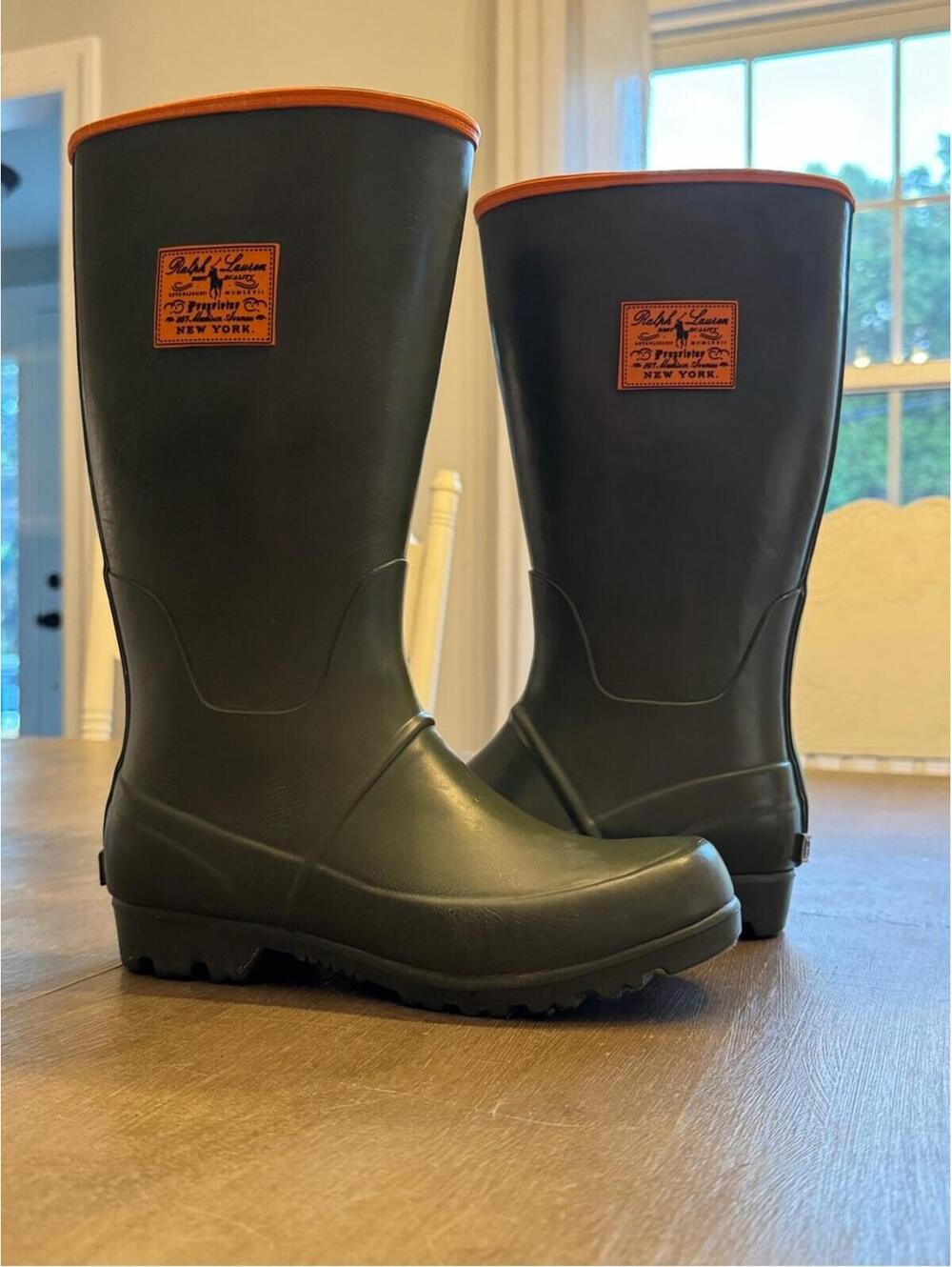Authentic Ralph Lauren Olive Green Rain Boots with Orange Trim, Size 3